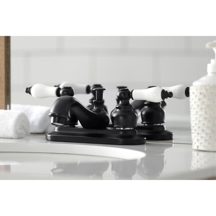 Restoration KB600PL Double-Handle 3-Hole Deck Mount 4-Inch Centerset Bathroom Faucet with Pop-Up Drain, Matte Black