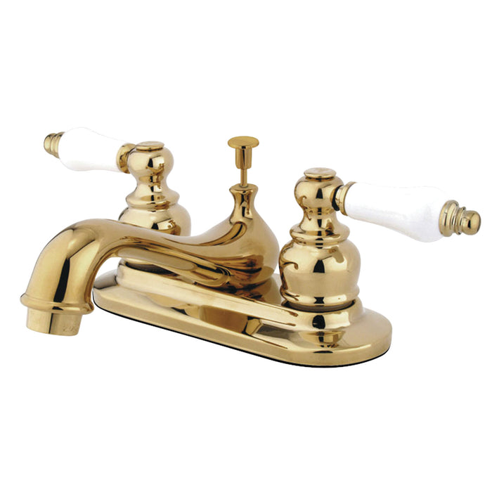 Restoration KB602B Double-Handle 3-Hole Deck Mount 4-Inch Centerset Bathroom Faucet with Pop-Up Drain, Polished Brass