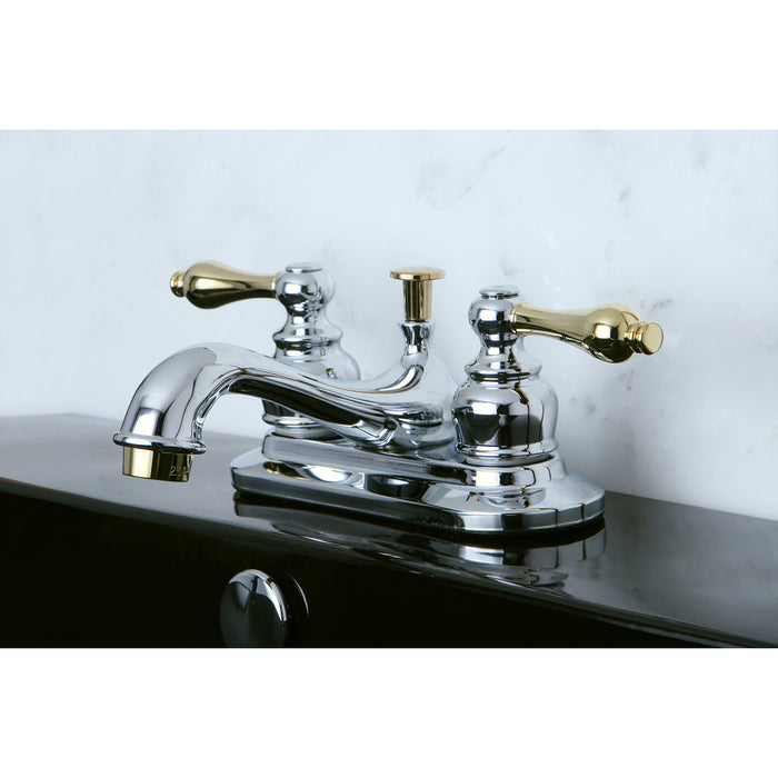 Restoration KB604AL Double-Handle 3-Hole Deck Mount 4-Inch Centerset Bathroom Faucet with Pop-Up Drain, Polished Chrome/Polished Brass