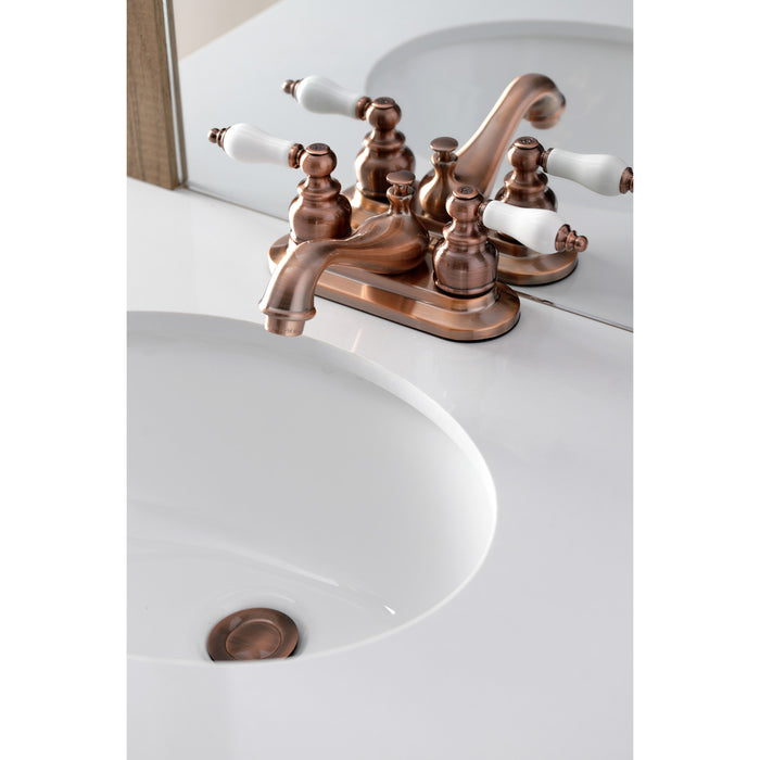 Restoration KB606PL Double-Handle 3-Hole Deck Mount 4-Inch Centerset Bathroom Faucet with Pop-Up Drain, Antique Copper