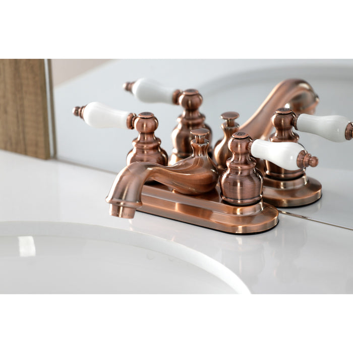 Restoration KB606PL Double-Handle 3-Hole Deck Mount 4-Inch Centerset Bathroom Faucet with Pop-Up Drain, Antique Copper