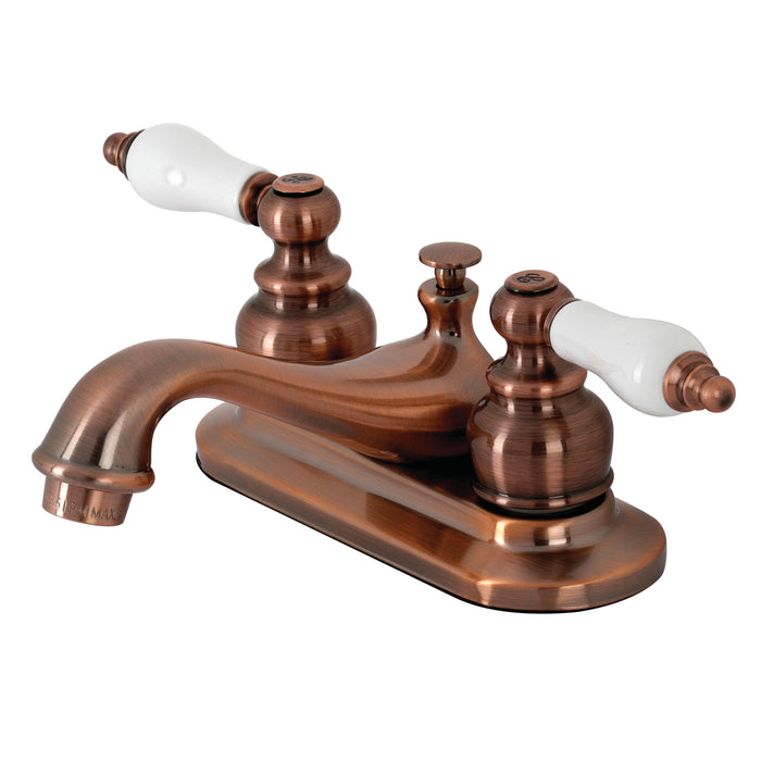 Restoration KB606PL Double-Handle 3-Hole Deck Mount 4-Inch Centerset Bathroom Faucet with Pop-Up Drain, Antique Copper