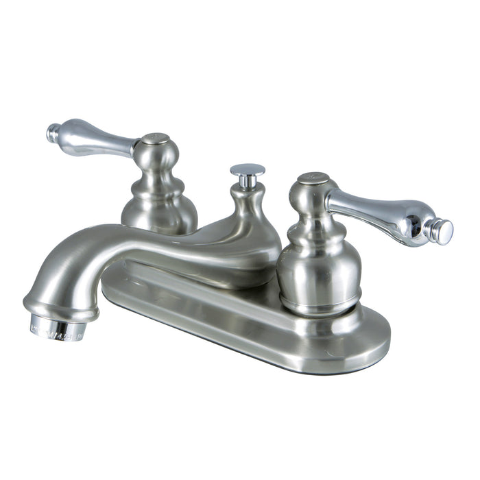 Restoration KB607ALB Double-Handle 3-Hole Deck Mount 4-Inch Centerset Bathroom Faucet with Brass Pop-Up, Brushed Nickel/Polished Chrome