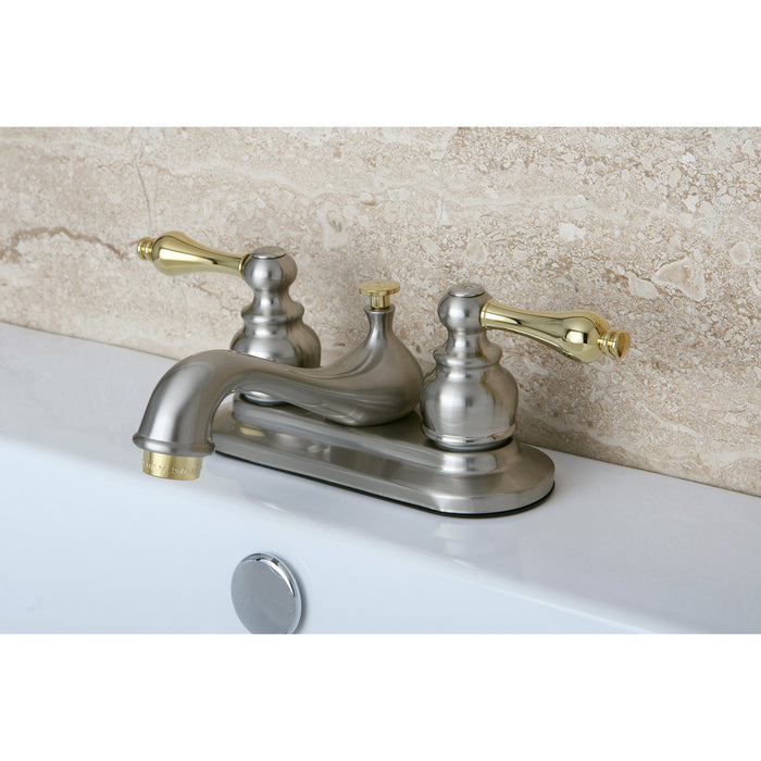 Restoration KB609AL Double-Handle 3-Hole Deck Mount 4-Inch Centerset Bathroom Faucet with Pop-Up Drain, Brushed Nickel/Polished Brass