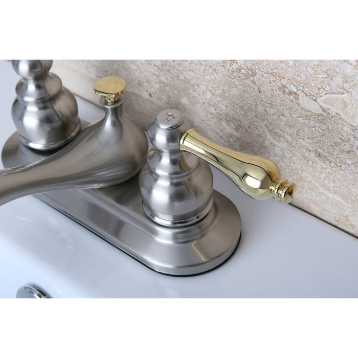 Restoration KB609AL Double-Handle 3-Hole Deck Mount 4-Inch Centerset Bathroom Faucet with Pop-Up Drain, Brushed Nickel/Polished Brass