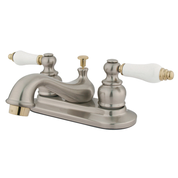 Restoration KB609B Double-Handle 3-Hole Deck Mount 4-Inch Centerset Bathroom Faucet with Pop-Up Drain, Brushed Nickel/Polished Brass