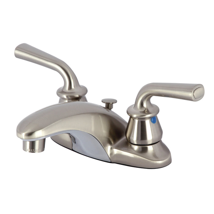 Restoration KB628RXLB Double-Handle 3-Hole Deck Mount 4-Inch Centerset Bathroom Faucet with Brass Pop-Up, Brushed Nickel