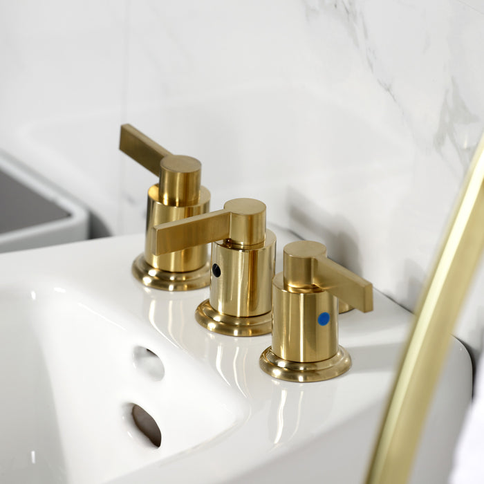 NuvoFusion KB6327NDL Three-Handle Deck Mount Vertical Spray Bidet Faucet with Brass Pop-Up, Brushed Brass