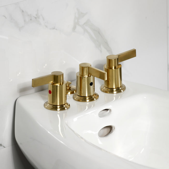 NuvoFusion KB6327NDL Three-Handle Deck Mount Vertical Spray Bidet Faucet with Brass Pop-Up, Brushed Brass