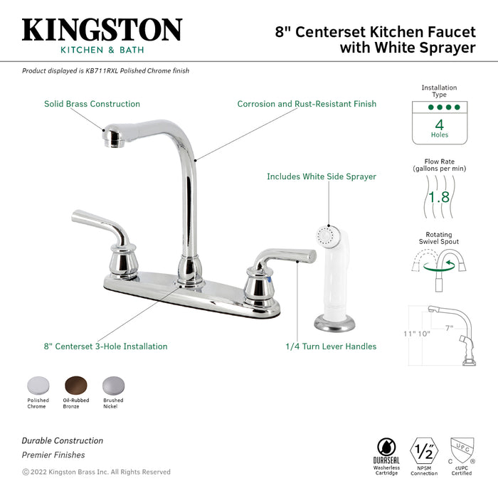 Restoration KB718RXL Two-Handle 4-Hole 8" Centerset Kitchen Faucet with White Side Sprayer, Brushed Nickel