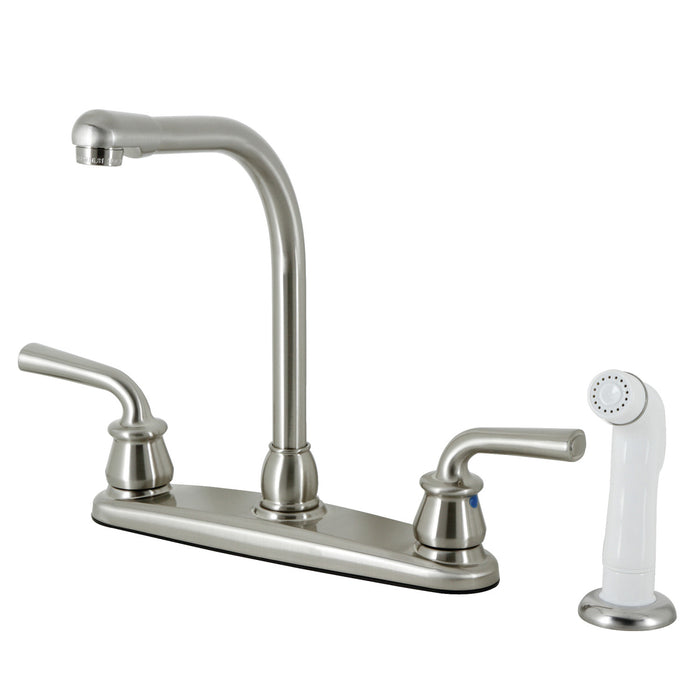 Restoration KB718RXL Two-Handle 4-Hole 8" Centerset Kitchen Faucet with White Side Sprayer, Brushed Nickel