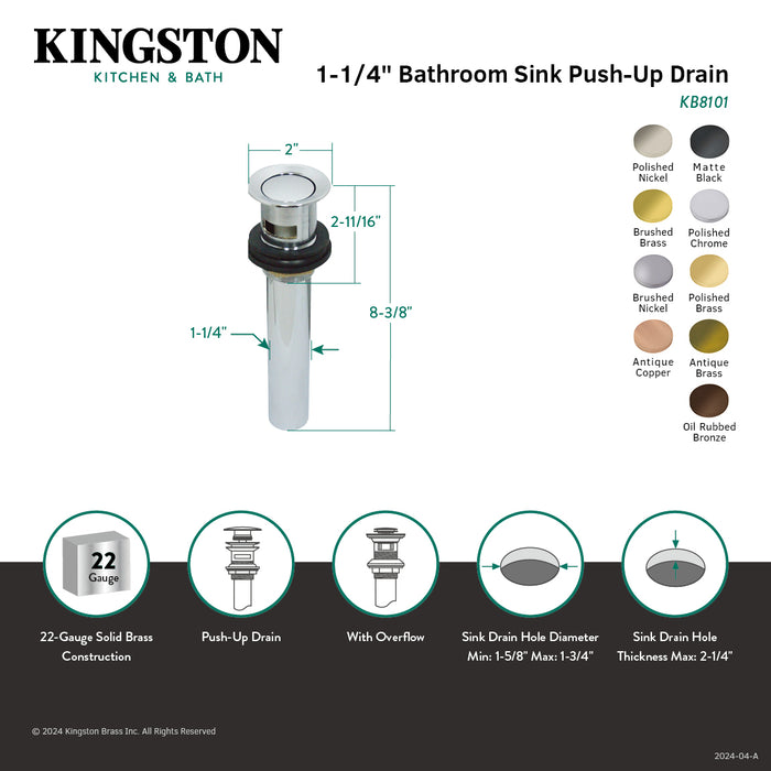 Trimscape KB8106 Brass Push Pop-Up Bathroom Sink Drain with Overflow, 22 Gauge, Polished Nickel