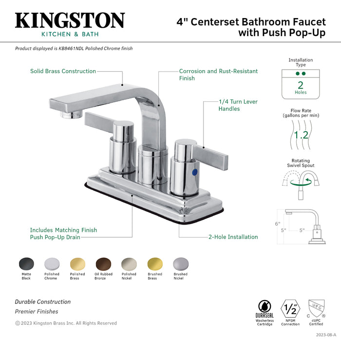 NuvoFusion KB8466NDL Double-Handle 2-Hole Deck Mount 4-Inch Centerset Bathroom Faucet with Push-Up Pop-Up, Polished Nickel