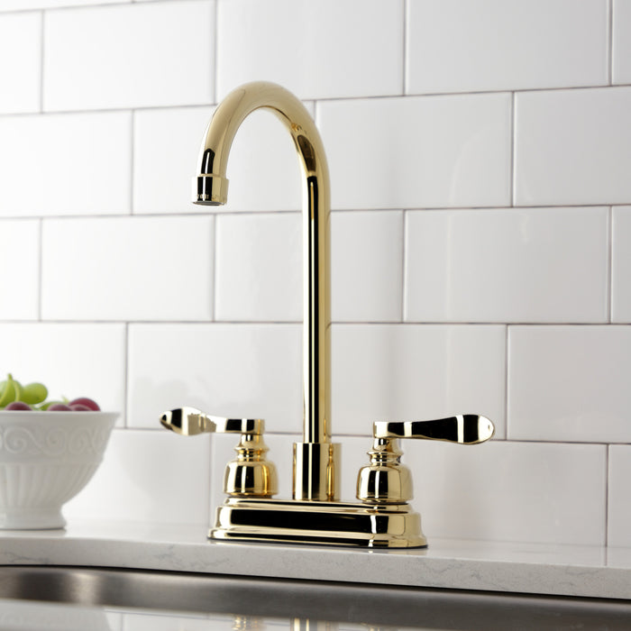 NuWave French KB8492NFL Two-Handle 2-Hole Deck Mount Bar Faucet, Polished Brass