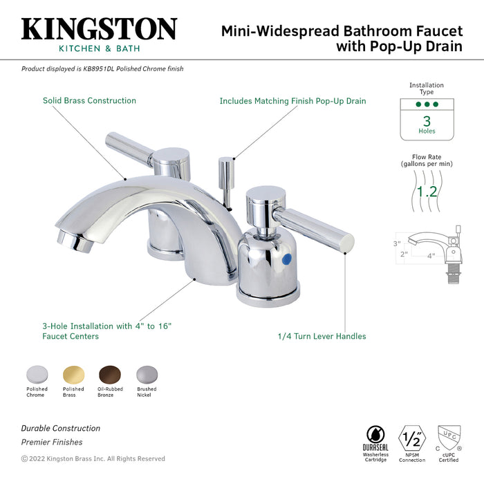 Concord KB8952DL Two-Handle 3-Hole Deck Mount Mini-Widespread Bathroom Faucet with Pop-Up Drain, Polished Brass