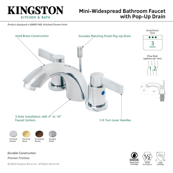 NuvoFusion KB8952NDL Two-Handle 3-Hole Deck Mount Mini-Widespread Bathroom Faucet with Pop-Up Drain, Polished Brass