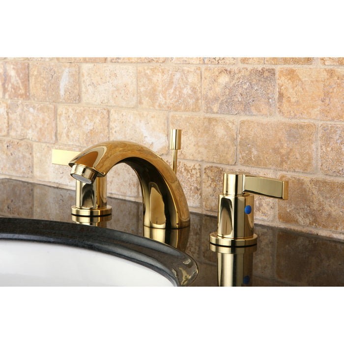 NuvoFusion KB8952NDL Two-Handle 3-Hole Deck Mount Mini-Widespread Bathroom Faucet with Pop-Up Drain, Polished Brass