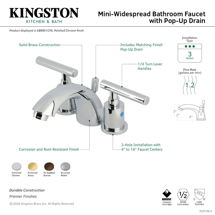 Manhattan KB8958CML Two-Handle 3-Hole Deck Mount Mini-Widespread Bathroom Faucet with Pop-Up Drain, Brushed Nickel