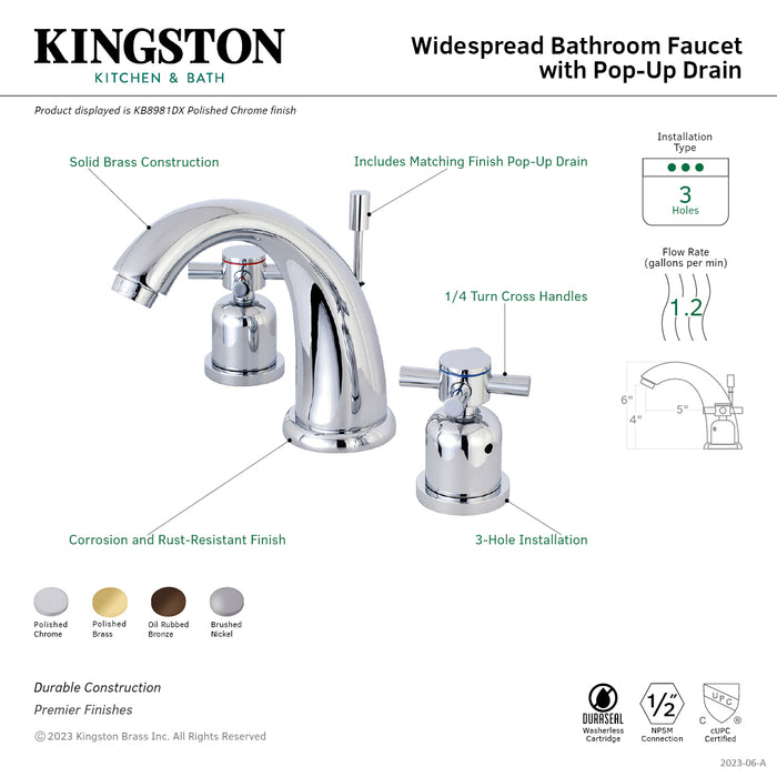 Concord KB8981DX Two-Handle 3-Hole Deck Mount Widespread Bathroom Faucet with Retail Pop-Up Drain, Polished Chrome