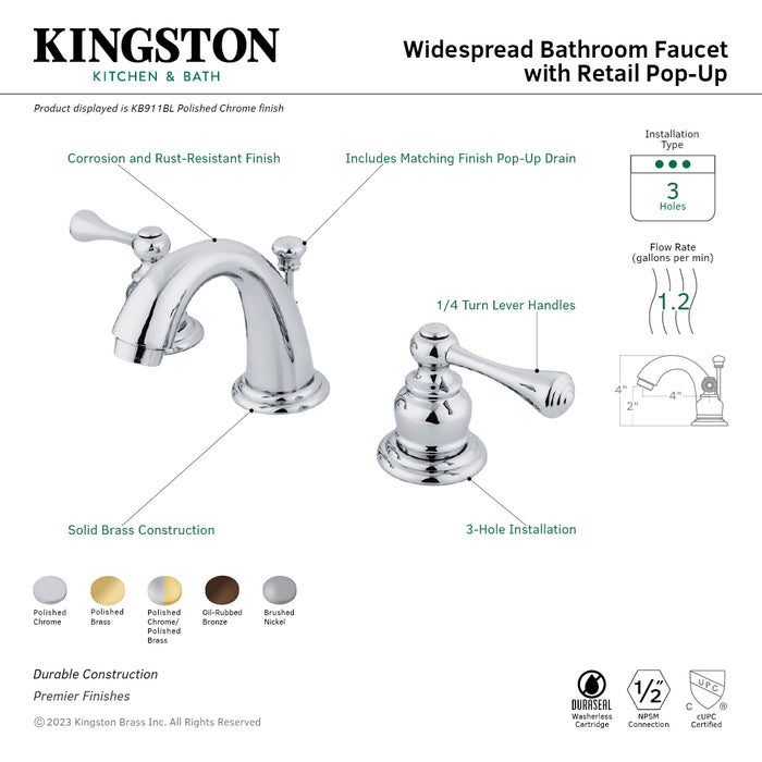 Vintage KB911BL Two-Handle 3-Hole Deck Mount Widespread Bathroom Faucet with Retail Pop-Up Drain, Polished Chrome