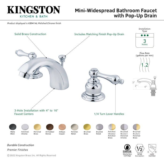 Victorian KB942AL Two-Handle 3-Hole Deck Mount Mini-Widespread Bathroom Faucet with Pop-Up Drain, Polished Brass