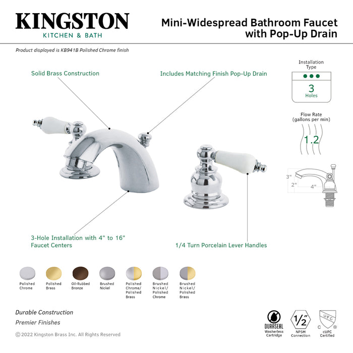 Victorian KB942B Two-Handle 3-Hole Deck Mount Mini-Widespread Bathroom Faucet with Pop-Up Drain, Polished Brass