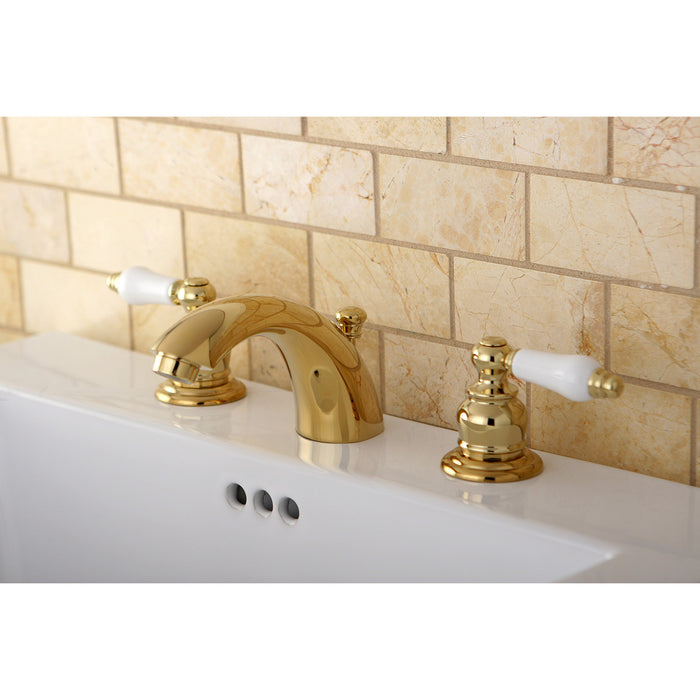 Victorian KB942B Two-Handle 3-Hole Deck Mount Mini-Widespread Bathroom Faucet with Pop-Up Drain, Polished Brass