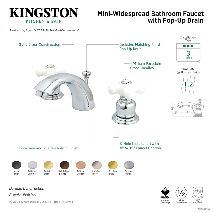 Victorian KB952PX Two-Handle 3-Hole Deck Mount Mini-Widespread Bathroom Faucet with Pop-Up Drain, Polished Brass