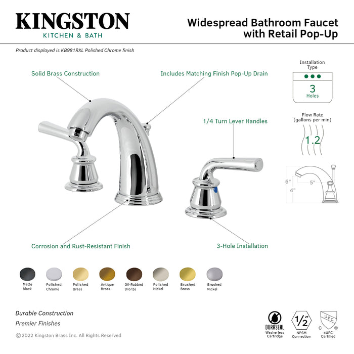 Restoration KB981RXL Two-Handle 3-Hole Deck Mount Widespread Bathroom Faucet with Retail Pop-Up Drain, Polished Chrome