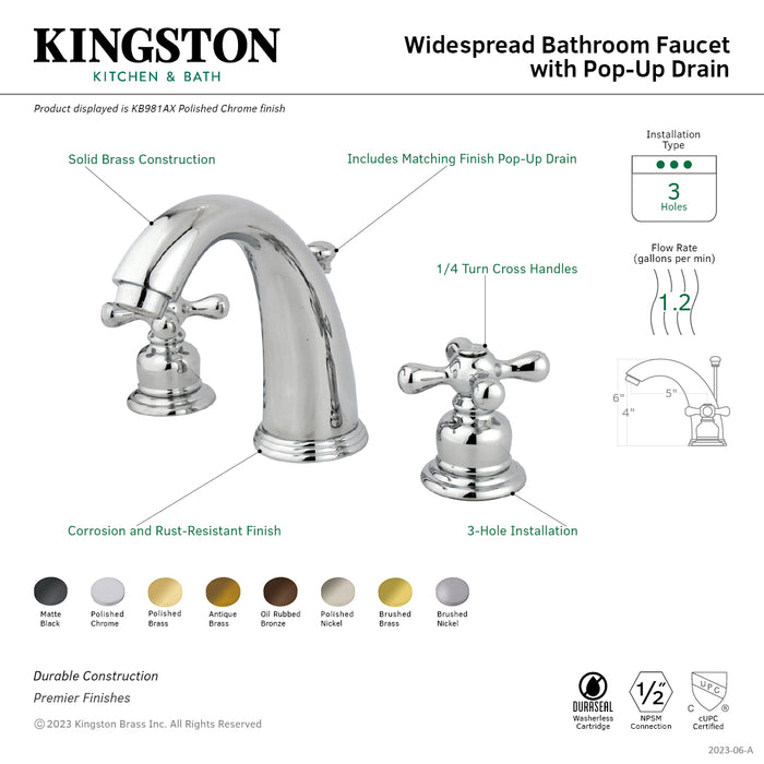 Victorian KB986AXPN Two-Handle 3-Hole Deck Mount Widespread Bathroom Faucet with Retail Pop-Up Drain, Polished Nickel