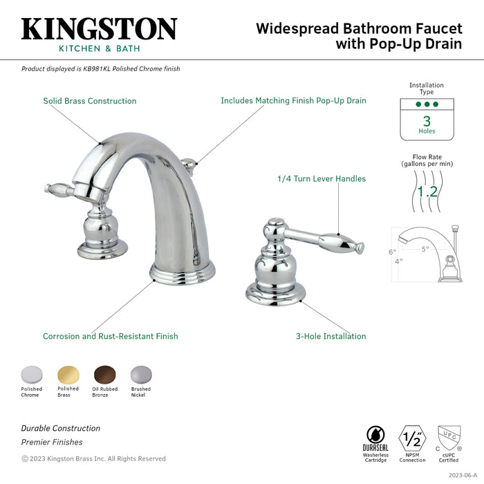 Knight KB988KL Two-Handle 3-Hole Deck Mount Widespread Bathroom Faucet with Plastic Pop-Up, Brushed Nickel