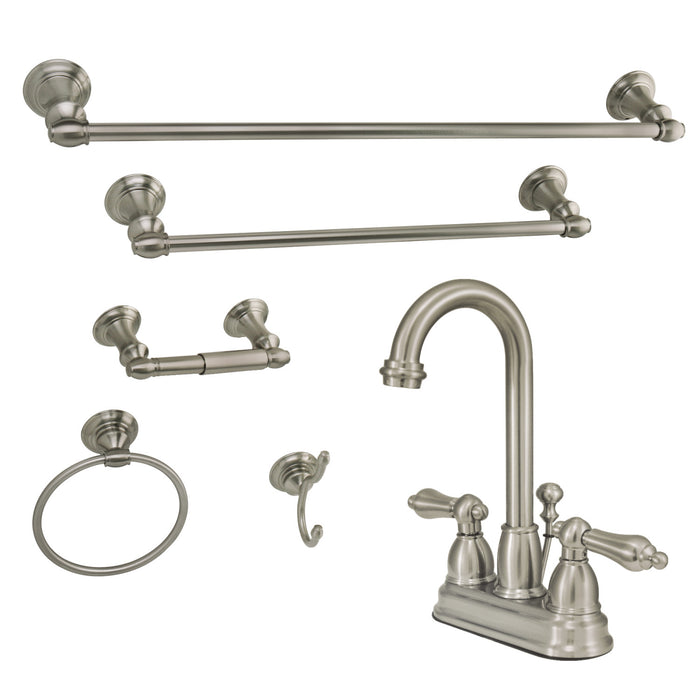 KBK3618AL Double-Handle 3-Hole Deck Mount 4-Inch Centerset Bathroom Faucet with 5-Piece Bathroom Accessories Kit, Brushed Nickel