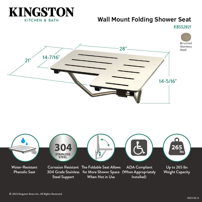 ADAscape Thrive In Place KBSS2821 28-Inch X 21-Inch Wall Mount Fold Down Shower Seat, Brushed Stainless Steel