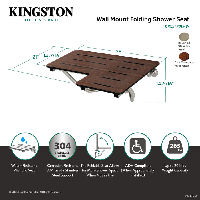 ADAscape Thrive In Place KBSS2821MW 28-Inch X 21-Inch Wall Mount Fold Down Shower Seat, Dark Mahogany Wood Grain/Stainless Steel