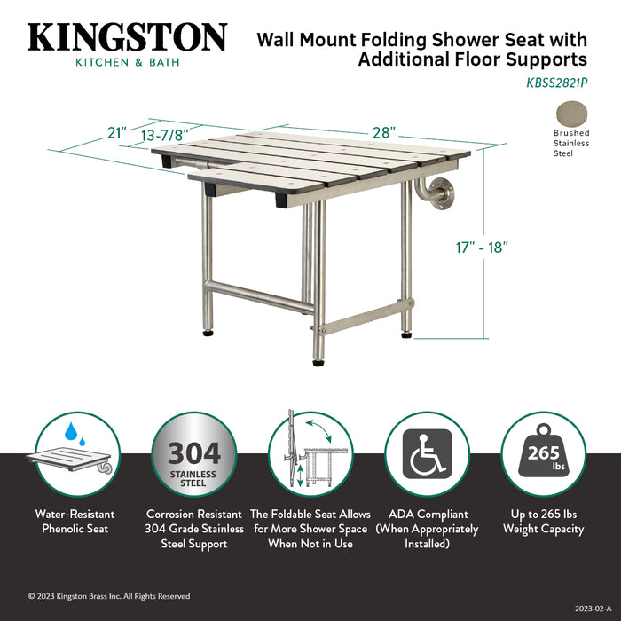 ADAscape Thrive In Place KBSS2821P 28-Inch X 21-Inch Wall Mount Fold Down Shower Seat with Leg Supports, Brushed Stainless Steel