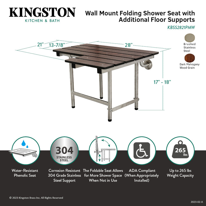 ADAscape Thrive In Place KBSS2821PMW 28-Inch X 21-Inch Wall Mount Fold Down Shower Seat with Leg Supports, Dark Mahogany Wood Grain/Stainless Steel