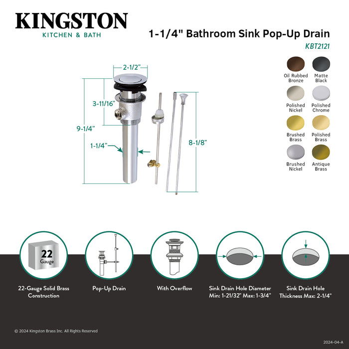 Made To Match KBT2122 Brass Pop-Up Bathroom Sink Drain with Overflow, 22 Gauge, Polished Brass