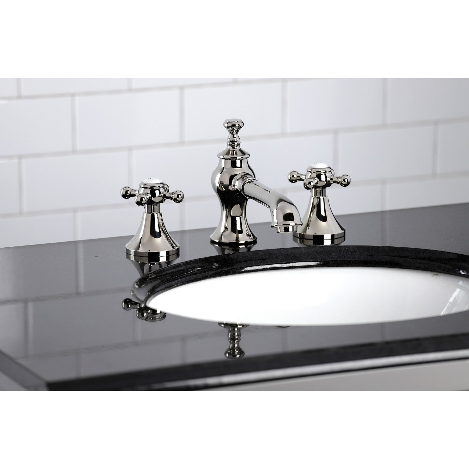 English Country KC7066BX Two-Handle 3-Hole Deck Mount Widespread Bathroom  Faucet with Brass Pop-Up, Polished Nickel