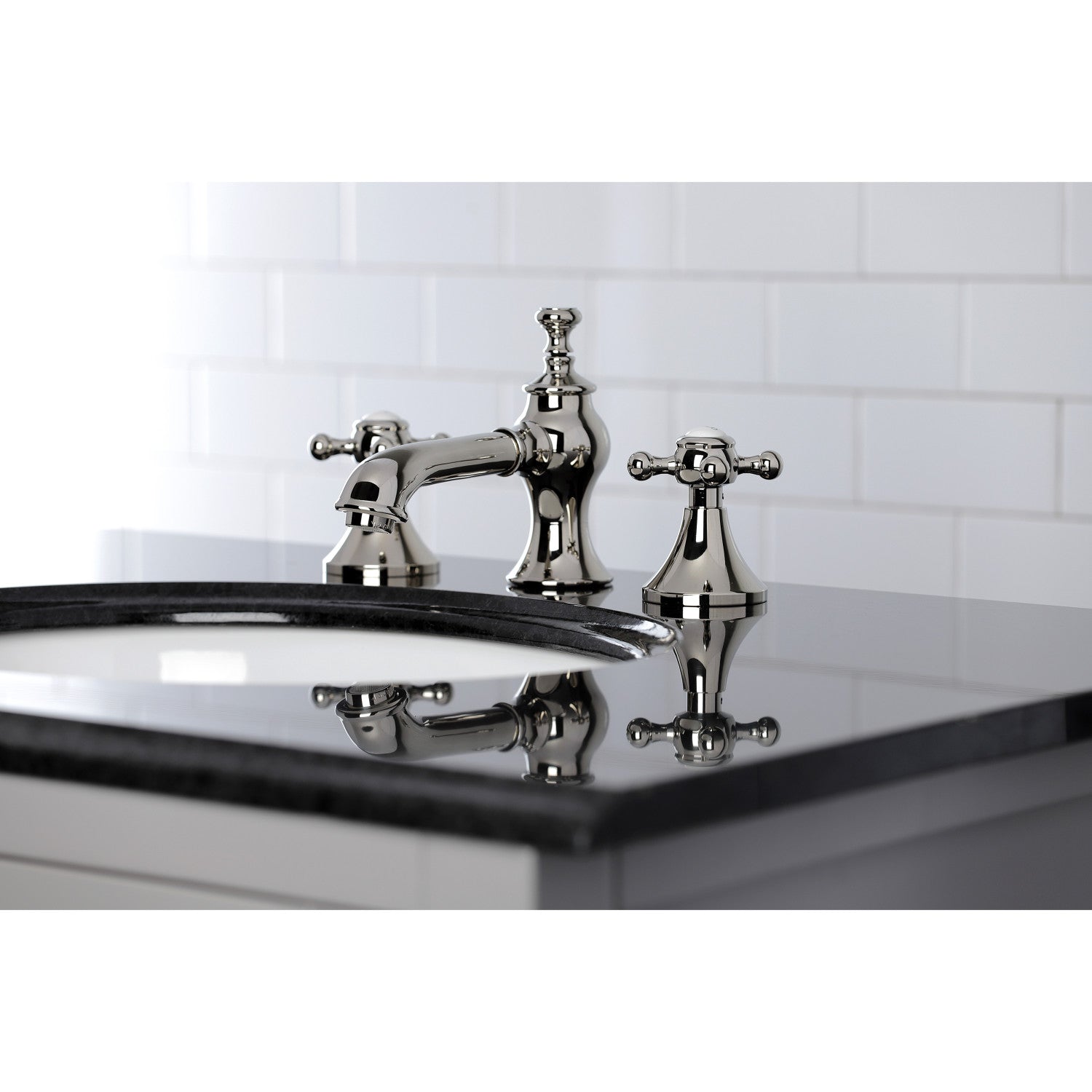 English Country KC7066BX Two-Handle 3-Hole Deck Mount Widespread Bathroom  Faucet with Brass Pop-Up, Polished Nickel