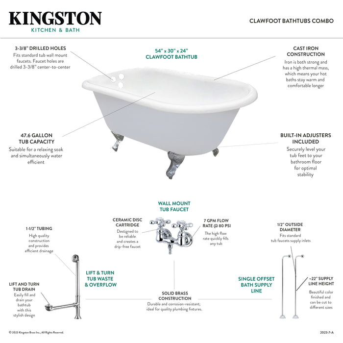 Aqua Eden KCT3D543019C8 54-Inch Cast Iron Oval Rectangular Roll Top Clawfoot Tub with Faucet Drain and Supply Lines Combo, White/Brushed Nickel