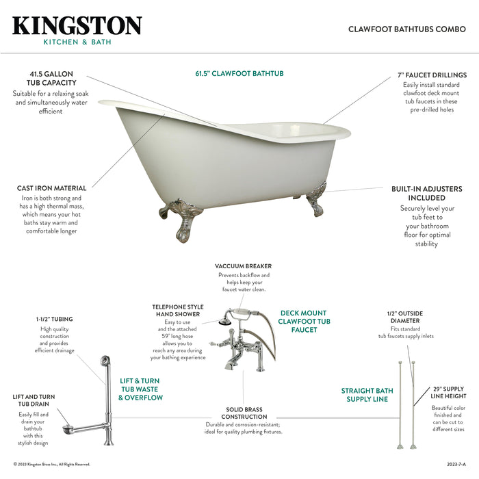 Aqua Eden KCT7D653129C1 62-Inch Cast Iron Oval Single Slipper Clawfoot Tub with Faucet Drain and Supply Lines Combo, White/Polished Chrome/Polished Chrome