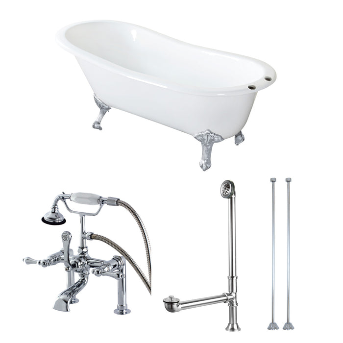 Aqua Eden KCT7D653129C1 62-Inch Cast Iron Oval Single Slipper Clawfoot Tub with Faucet Drain and Supply Lines Combo, White/Polished Chrome/Polished Chrome