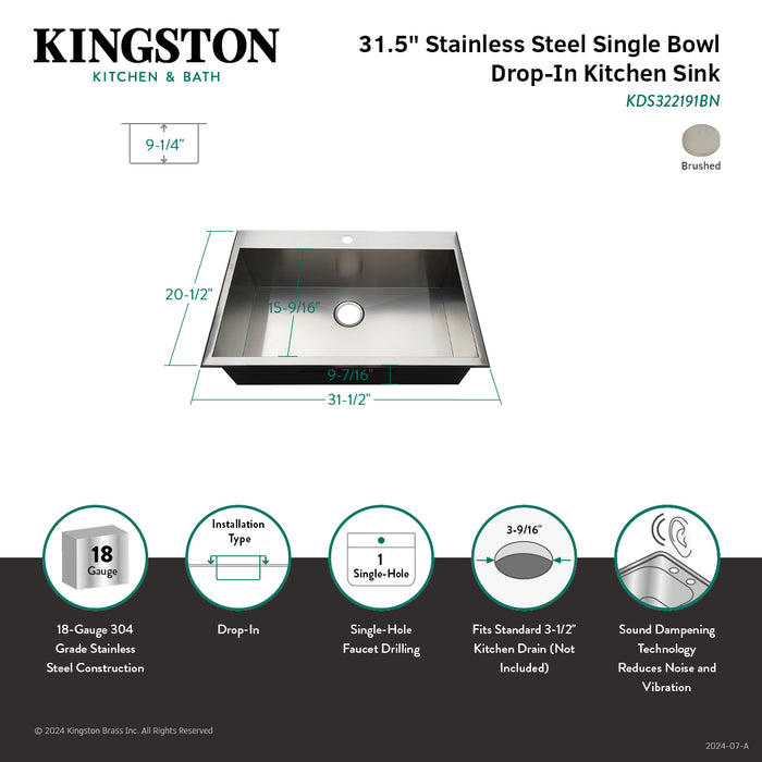 Uptowne KDS322191BN 31.5-Inch Stainless Steel Self-Rimming 1-Hole Single Bowl Drop-In Kitchen Sink, Brushed