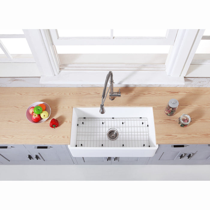 Arcticstone KGKFA331810BC 33-Inch Solid Surface White Stone Apron-Front Single Bowl Farmhouse Kitchen Sink, Matte White/Brushed