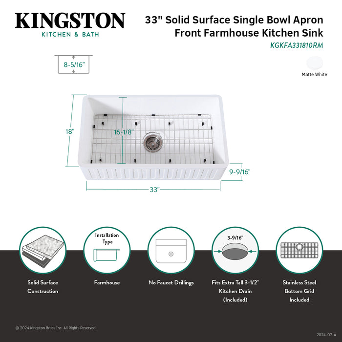 Arcticstone KGKFA331810RM 33-Inch Solid Surface White Stone Apron-Front Single Bowl Farmhouse Kitchen Sink, Matte White/Brushed