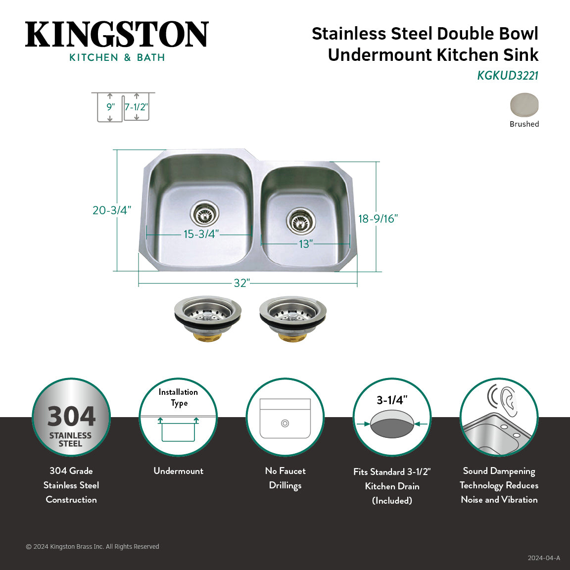 KINGSTON BRASS KGKUD3221 UNDERMOUNT STAINLESS STEEL store DOUBLE BOWL KITCHEN SINK