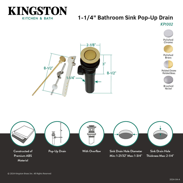 KP1002 Plastic Pop-Up Bathroom Sink Drain with Overflow, Polished Brass