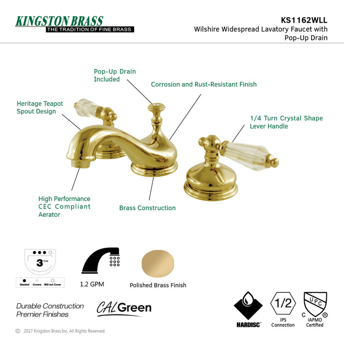 Wilshire KS1162WLL Two-Handle 3-Hole Deck Mount Widespread Bathroom Faucet with Brass Pop-Up Drain, Polished Brass