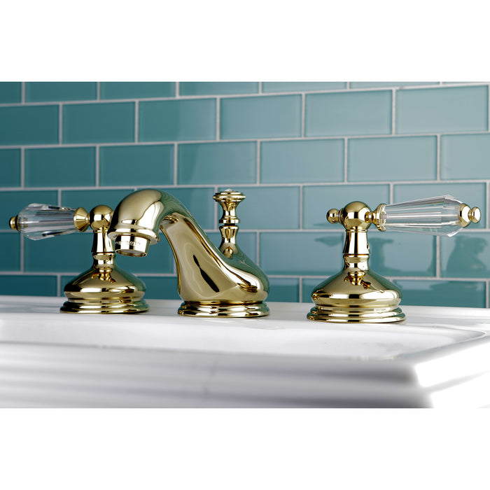 Wilshire KS1162WLL Two-Handle 3-Hole Deck Mount Widespread Bathroom Faucet with Brass Pop-Up Drain, Polished Brass