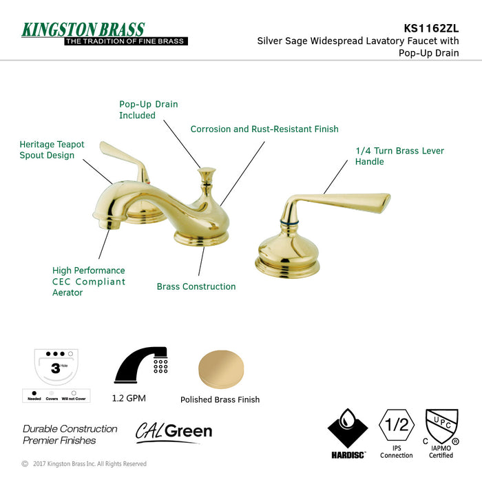 Silver Sage KS1162ZL Two-Handle 3-Hole Deck Mount Widespread Bathroom Faucet with Brass Pop-Up Drain, Polished Brass